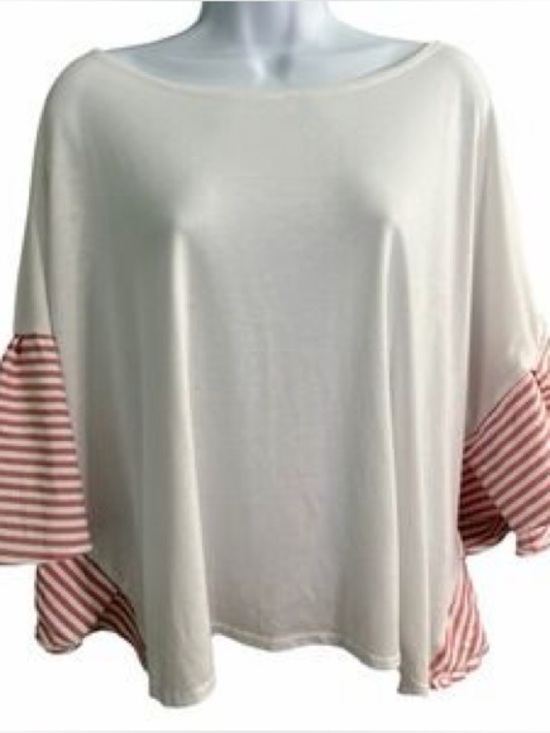 Do everything in love Tops - Women’s Cream Boatneck Top with Pink Stripe Accent sleeves.